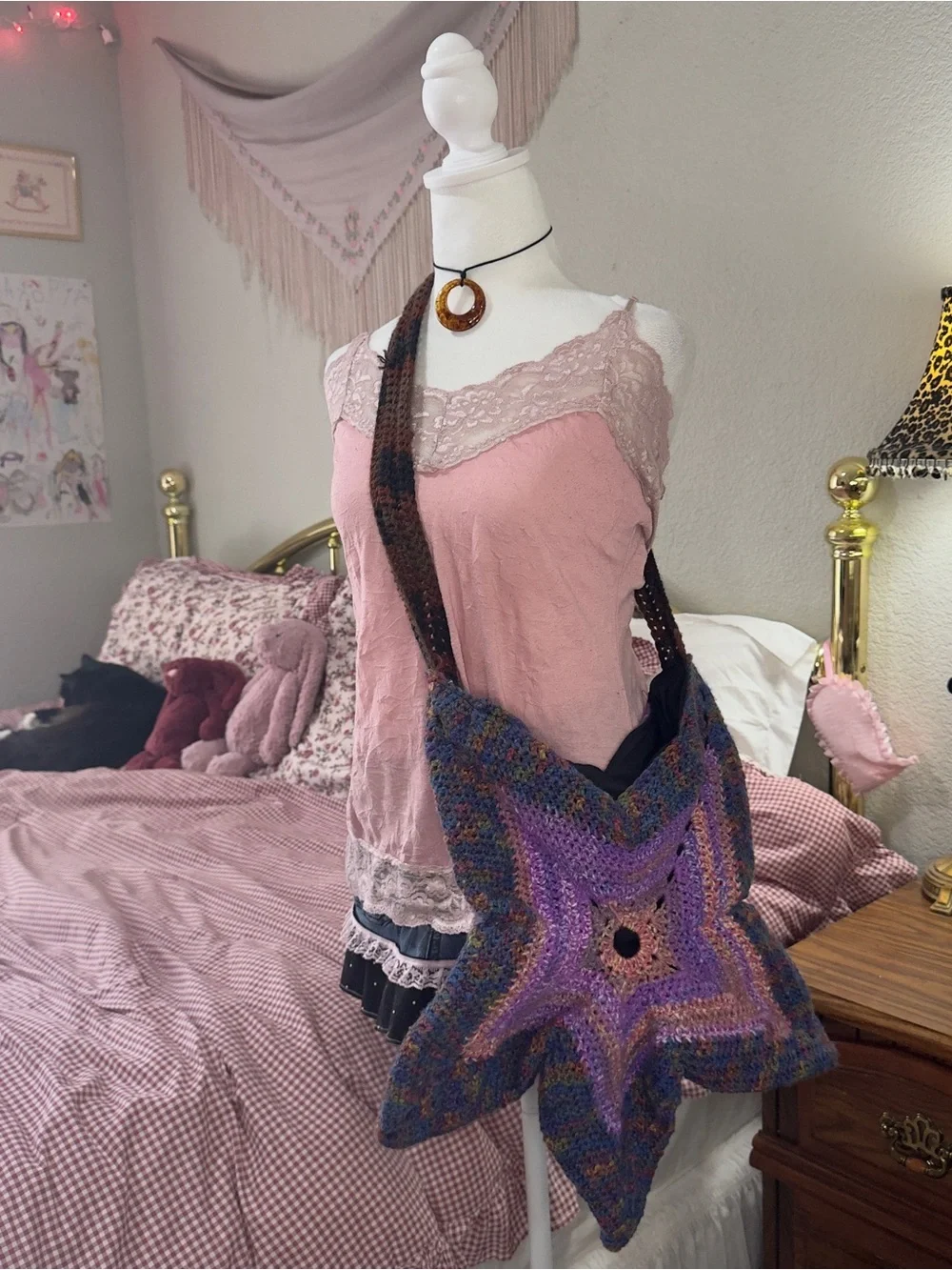 Star-Shaped Crochet Crossbody Bag in Purple and Multicolor